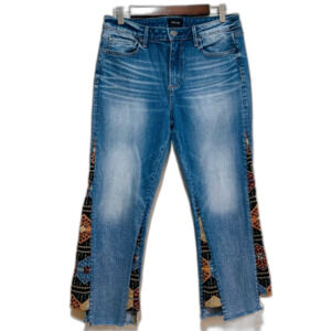 Driftwood Indie Blue Denim Jeans with Patterned Tapestry Accents size 29